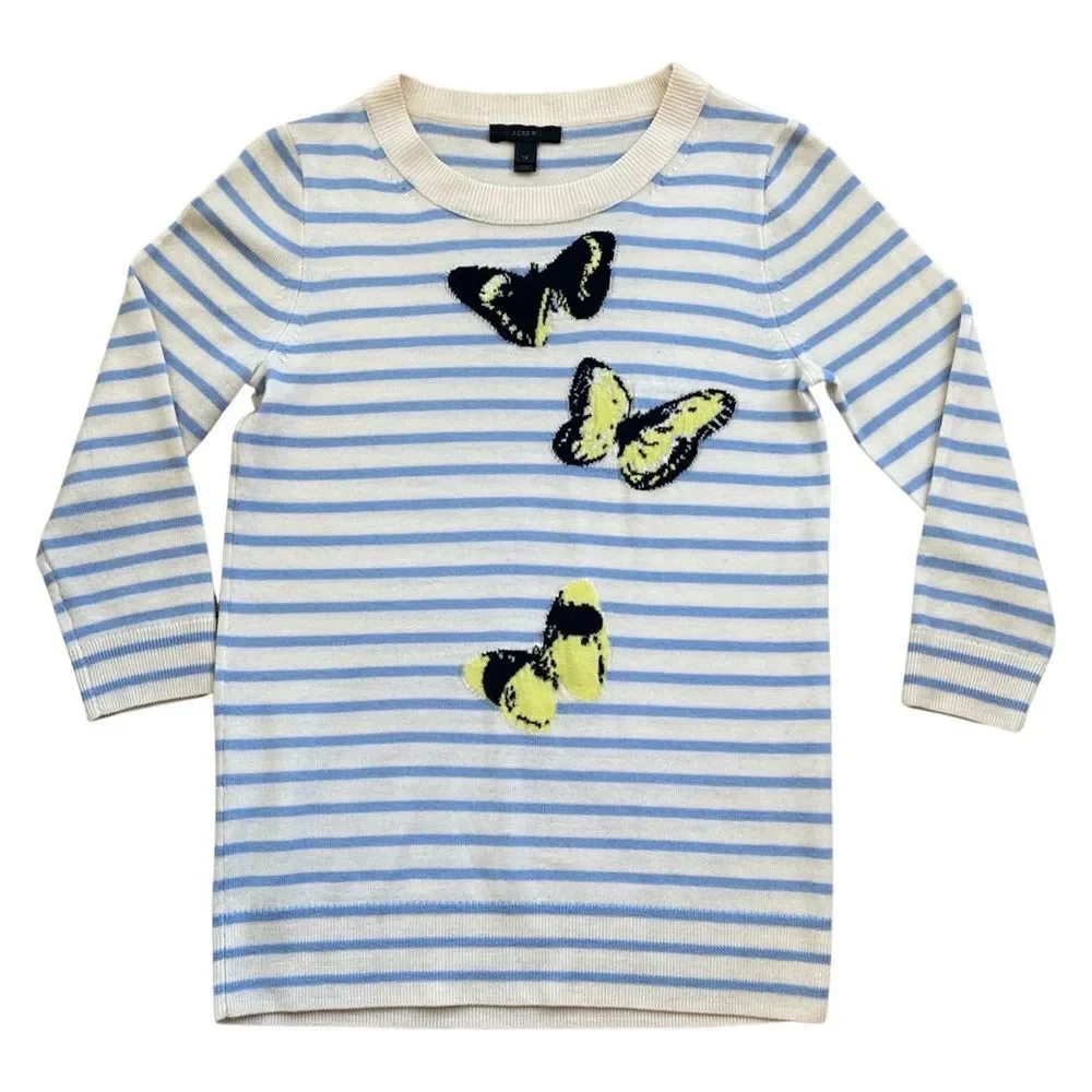 J.Crew Merino “Tippi” Wool Ivory Blue Crew Neck Striped Butterflies Sweater • XS